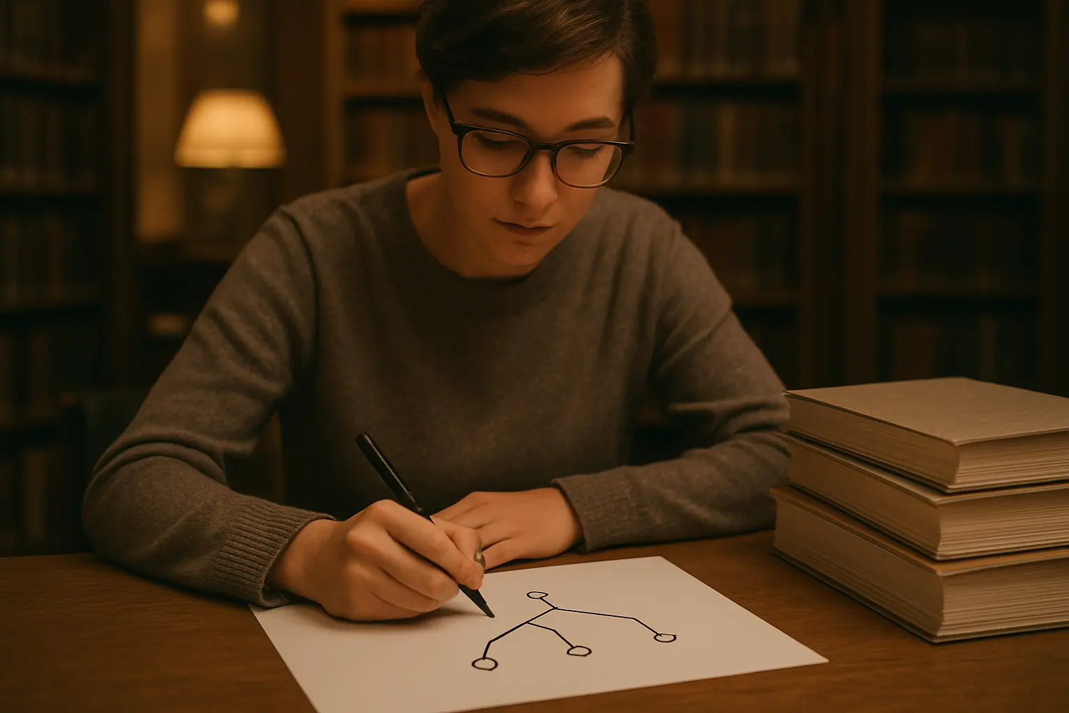 Estudiante de posgrado dibujando un árbol de decisión en papel junto a una pila de artículos científicos