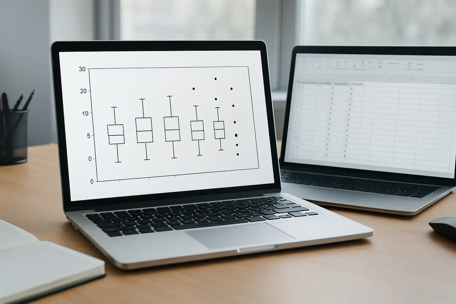 Diagrama de caja en pantalla con varios puntos marcados más allá de los bigotes junto a la base de datos original
