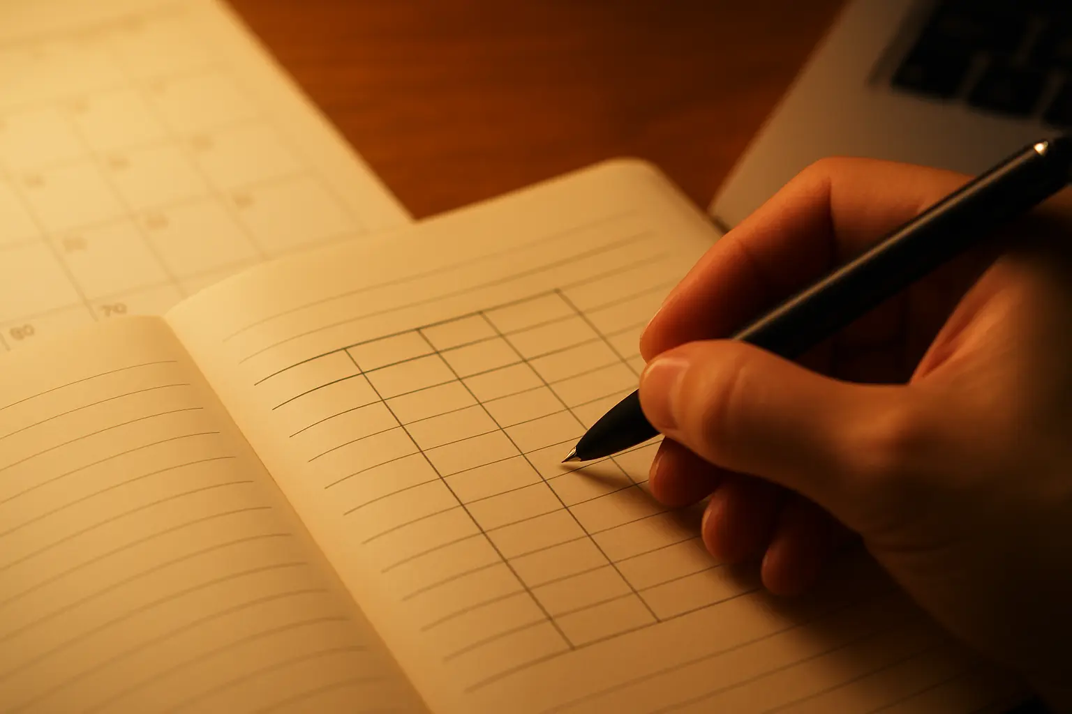 Mano anotando en una tabla de una libreta junto a un calendario y el borde de una laptop