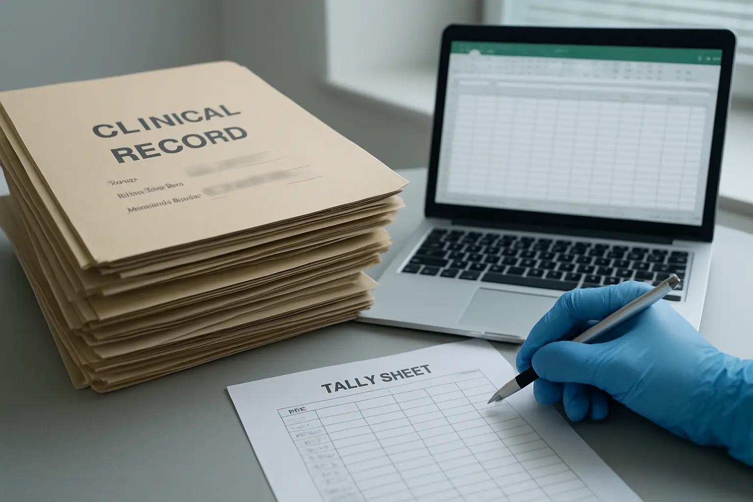 Expedientes clínicos anonimizados junto a una hoja de captura de datos para un estudio retrospectivo