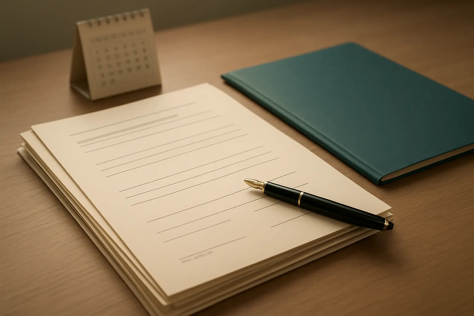 Pila de documentos oficiales con líneas de firma junto a una pluma y un calendario
