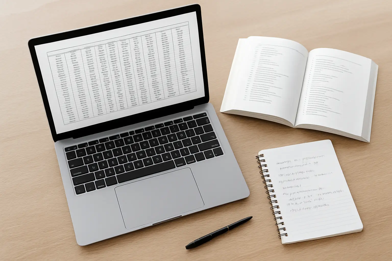 Laptop con una tabla de datos numéricos junto a un manual de codificación impreso y una libreta de notas