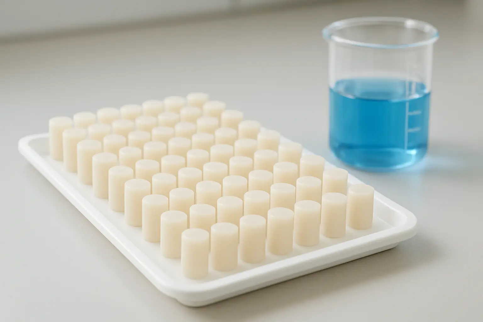 Bandeja de laboratorio con especímenes idénticos ordenados en filas y una probeta con colorante
