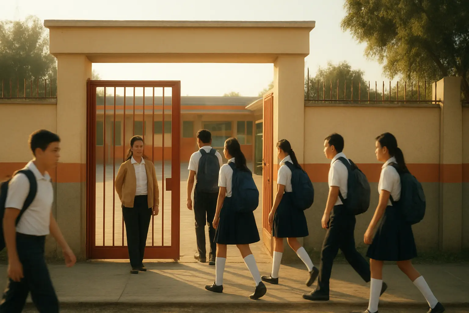 Entrada de una escuela secundaria pública mexicana con estudiantes llegando, ejemplo de delimitación espacial y poblacional de una tesis