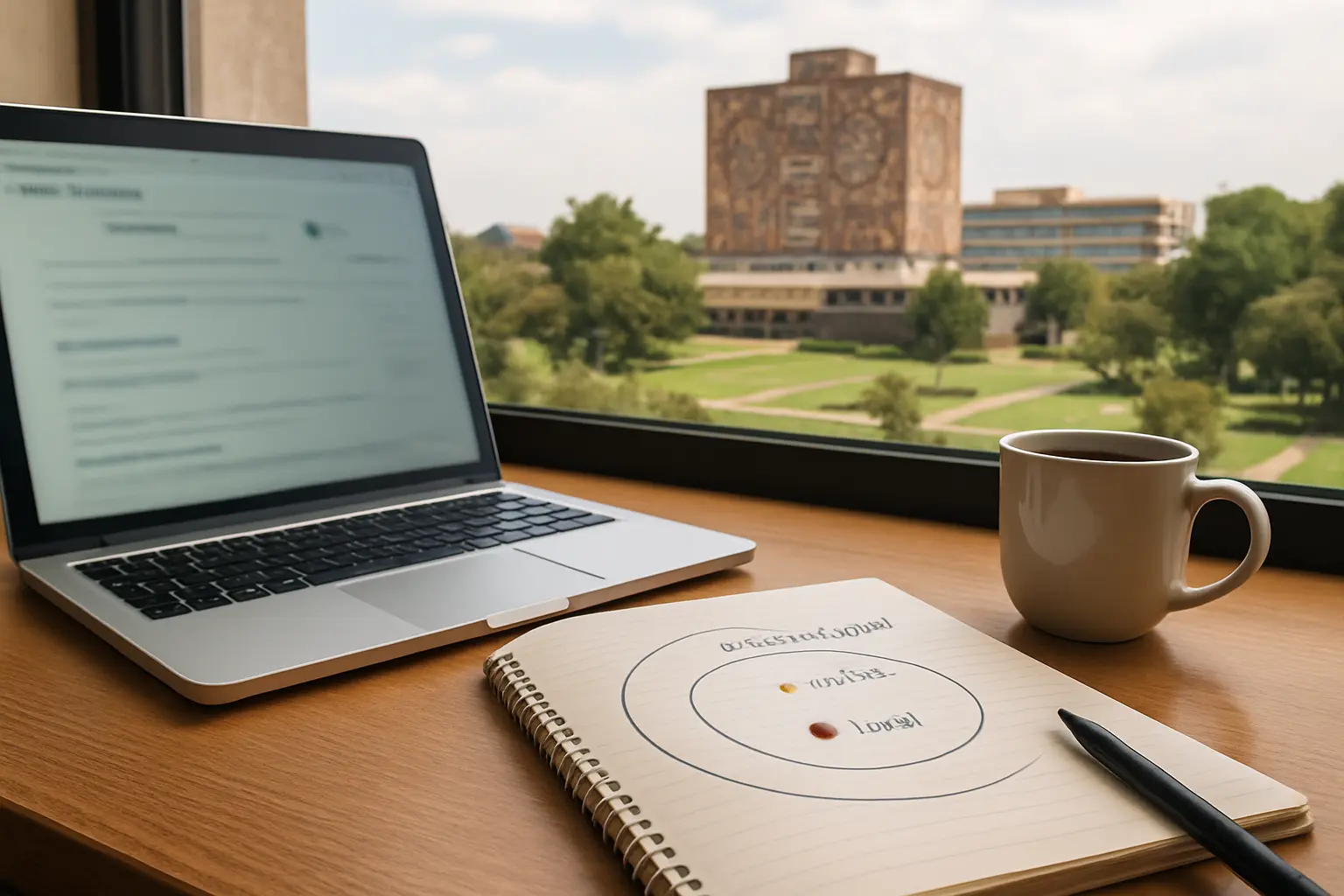 Escritorio de estudiante con laptop abierta en un repositorio de tesis y un cuaderno con el esquema de antecedentes internacionales, nacionales y locales